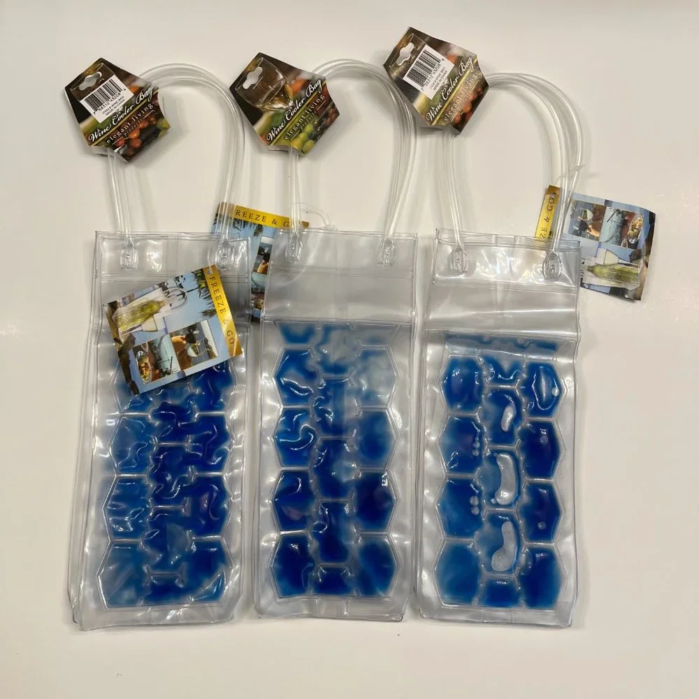 Freeze Beverage Tote / Ice Bucket To-Go / Wine Chill Bag / Clear & Blue - NWT